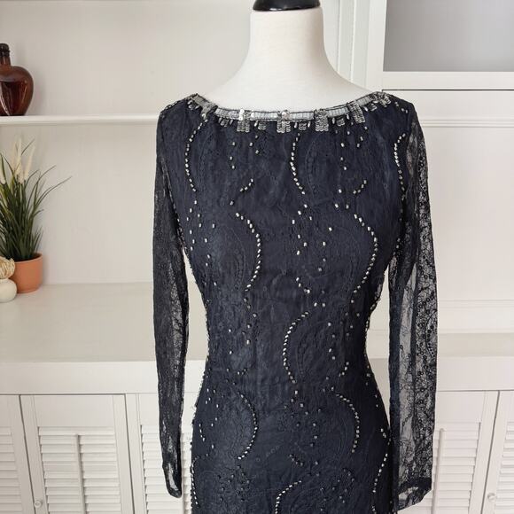 Free People Embellished Beaded Black Lace Long Sleeve Low Back Maxi Dress Size 6 - Picture 7 of 9